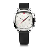 39.5mm Vintage Classic Mens Swiss Quartz Watch With White Chronograph Dial & Black Leather Band By WENGER
