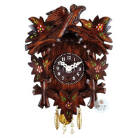 5 Leaf & Bird Mechanical Carved Clock With Painted Flowers 14cm By TRENKLE image