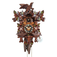 Carved 1 Day Leaf With Moving Birds & Hand Painted Flowers 32cm Cuckoo Clock By HÖNES
