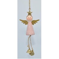 Angel In Pink Dress With Gold Bell Feet Christmas Decoration 15cm