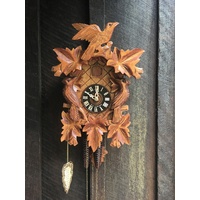 CARVED 1 DAY LEAF & BIRDS ON THE SIDE 35CM CUCKOO CLOCK BY HONES
