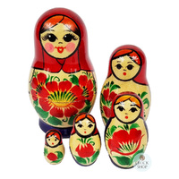 Kirov Russian Nesting Dolls 5 Set With Red Scarf & Purple Dress 10cm