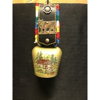 Gold Bell With Chalet And Cow # 5 With Fringed Black Strap