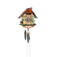 CHALET HUNTER WITH FOREST ANIMALS & MOVING ARM CUCKOO CLOCK 28CM BY SCHNEIDER