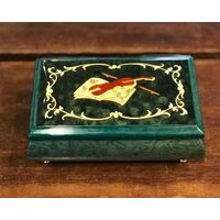 GREEN WOODEN MUSICAL JEWELLERY BOX WITH VIOLIN INLAY TUNE MAGIC FLUTE