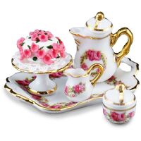 MINIATURE COFFEE POT ON TRAY & ROSECAKES
