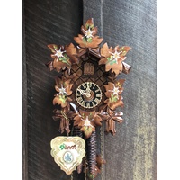 CARVED 1 DAY LEAF WITH HAND PAINTED EDELWEISS FLOWERS 25CM CUCKOO CLOCK BY HONES
