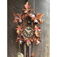 CARVED 1 DAY LEAF WITH HAND PAINTED RED FLOWERS 25CM CUCKOO CLOCK BY HONES