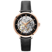 Rose Gold Automatic Skeleton Watch - Black Dial Black Leather Band By PIERRE LANNIER