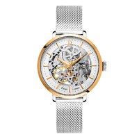 Gold Automatic Skeleton Watch - White Dial Silver Mesh Band By PIERRE LANNIER