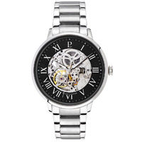 Silver Automatic Skeleton Watch - Black Dial Silver Link Band By PIERRE LANNIER