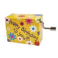 Modern Designs Hand Crank Music Box- Yellow Box With Flowers (Happy Birthday) image