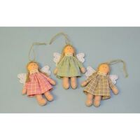 FABRIC ANGEL IN CHECKED DRESS HANGING DECORATION 13CM 3 COLOURS
