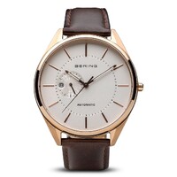 Gents Automatic Rose Gold & Brown Leather Watch By BERING