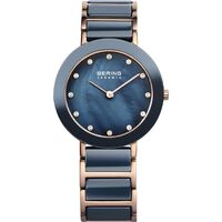 Blue/rose Gold Ceramic Link Band Mother Of Pearl Blue Dial By BERING
