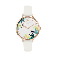 Rose Gold Tropical Toucans Ivory Leather Band By SARA MILLER