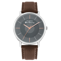 Silver Watch With Grey Target Dial Brown Strap By BEN SHERMAN