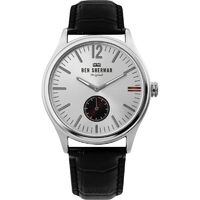 Black Leather Strap Watch With Silver Sunray Dial By BEN SHERMAN