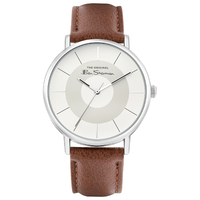 Silver Watch With White Target Dial Brown Strap By BEN SHERMAN