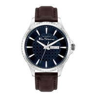 Silver Watch With Blue Hydraulic Pattern Dial Dark Brown Strap By BEN SHERMAN