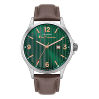 Silver Watch With Green Pinstripe Sunray Dial Brown Strap By BEN SHERMAN