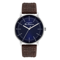 Silver Watch With Blue Brushed Sunray Dial Brown Crosshatched Strap By BEN SHERMAN