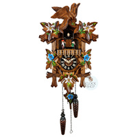 5 Leaf & Bird With Blue Flowers Battery Carved Cuckoo Clock With Dancers 37cm By ENGSTLER image
