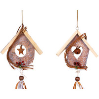 BIRD HOUSE WOODEN HANGING DECORATION SET OF 2