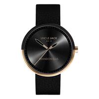 BRANDON ELLIS ROSE GOLD BLACK DIAL BLACK LEATHER BAND BY UNCLE JACK