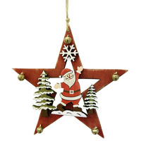 STAR WITH SANTA & BELLS RED HANGING DECORATION 13CM