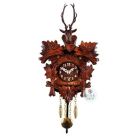5 Leaf & Deer Battery Carved Clock 14cm By TRENKLE