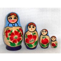 KIROV RUSSIAN NESTING DOLLS 4 SET WITH BLUE SCARF & PURPLE DRESS 7CM