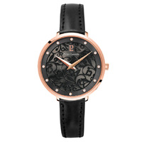 Rose Gold Eolia Watch - Black Dial Black Leather Band By PIERRE LANNIER