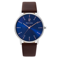 Silver Cityline Watch - Blue Dial Brown Leather Band By PIERRE LANNIER