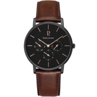 MULTI FUNCTION - BLACK BLACK DIAL BROWN LEATHER BAND BY PIERRE LANNIER