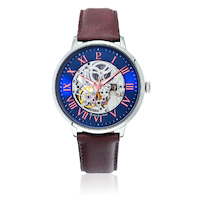 Silver Automatic Skeleton Watch - Blue Dial Brown Leather Band By PIERRE LANNIER