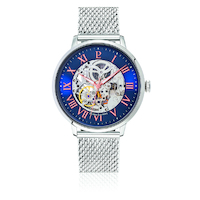 AUTOMATIC SKELETON - SILVER BLUE DIAL SILVER MESH BAND BY PIERRE LANNIER