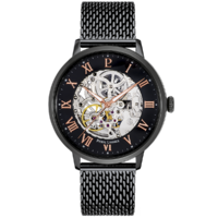 Black Automatic Skeleton Watch - Black Dial Black Mesh Band By PIERRE LANNIER