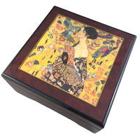 WOODEN MUSICAL JEWELLERY BOX WITH LADY WITH FAN (KLIMT) TUNE CLAIRE DE LUNE