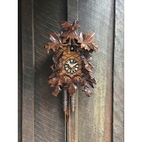 CARVED 1 DAY 5 LEAVES WITH FULL BIRDS ON THE SIDE 30CM CUCKOO CLOCK BY HETTICH
