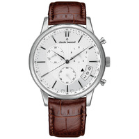 Classic Chronograph Collection Silver Case Silver Dial Brown Leather Strap By CLAUDE BERNARD