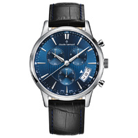 Classic Chronograph Collection Silver Case Blue Dial Black Leather Strap By CLAUDE BERNARD