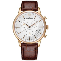 Classic Chronograph Collection Gold Case Silver Dial Brown Leather Strap By CLAUDE BERNARD