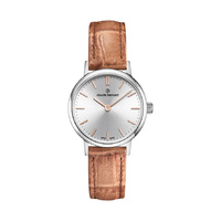 Slim Line Collection Silver Case Silver & Rose Gold Dial Brown Leather Strap By CLAUDE BERNARD
