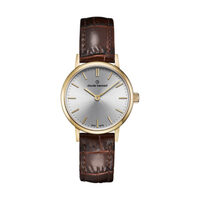Slim Line Collection Gold Case Silver & Gold Dial Brown Leather Strap By CLAUDE BERNARD
