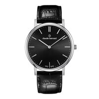 Slim Line Collection Silver Case Black & Silver Dial Black Leather Strap By CLAUDE BERNARD