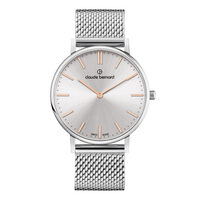 Slim Line Collection Silver Case Silver & Rose Gold Dial Silver Mesh Strap By CLAUDE BERNARD