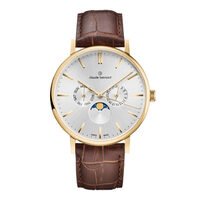 Slim Line Collection Moon Phase Gold Case Silver Dial Brown Leather Strap By CLAUDE BERNARD