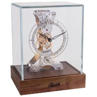 Dark Walnut Mechanical Skeleton Table Clock With Square Glass Case By HERMLE