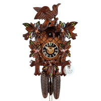5 Leaf & Bird 8 Day Mechanical Carved Cuckoo Clock With Hand Painted Flowers 34cm By HÖNES